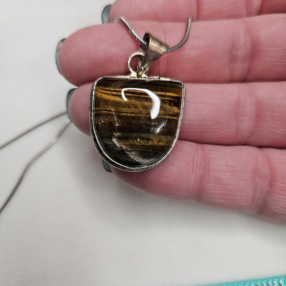 925 Sterling Silver Plated Tiger's Eye Necklace Pendant Natural Stone NWOT - Picture 4 of 6